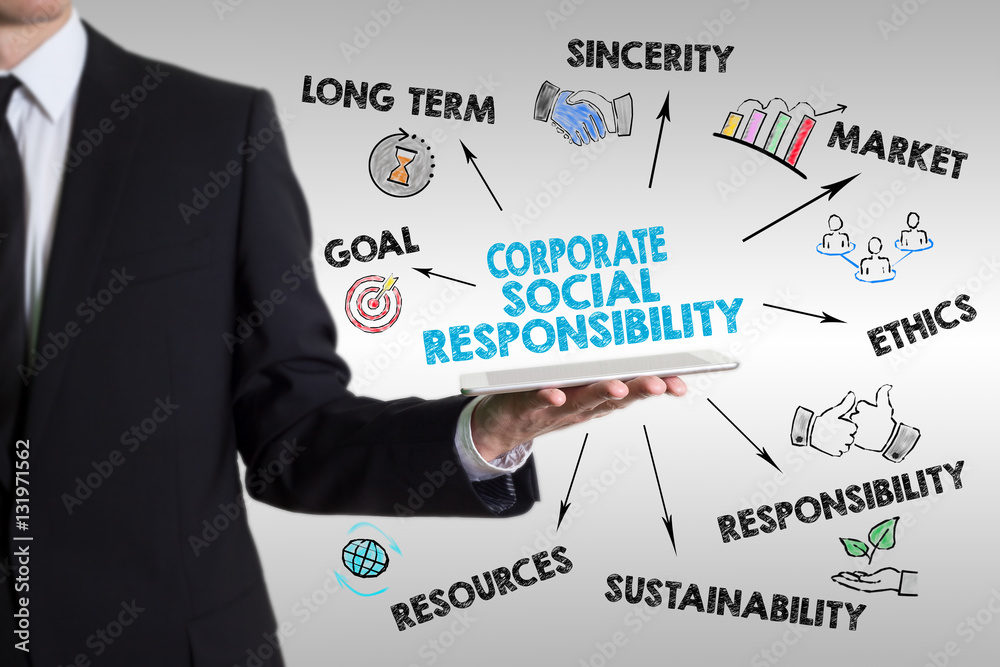 Corporate Social Responsibility Concept. Man holding a tablet co